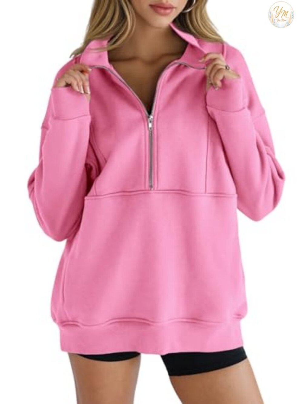 Fleece Half Zip Sweatshirt Oversized Pullover Thumb Hole Pockets